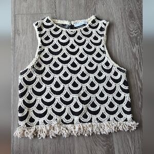 Crochet Fringe Tank Top - Black & Cream